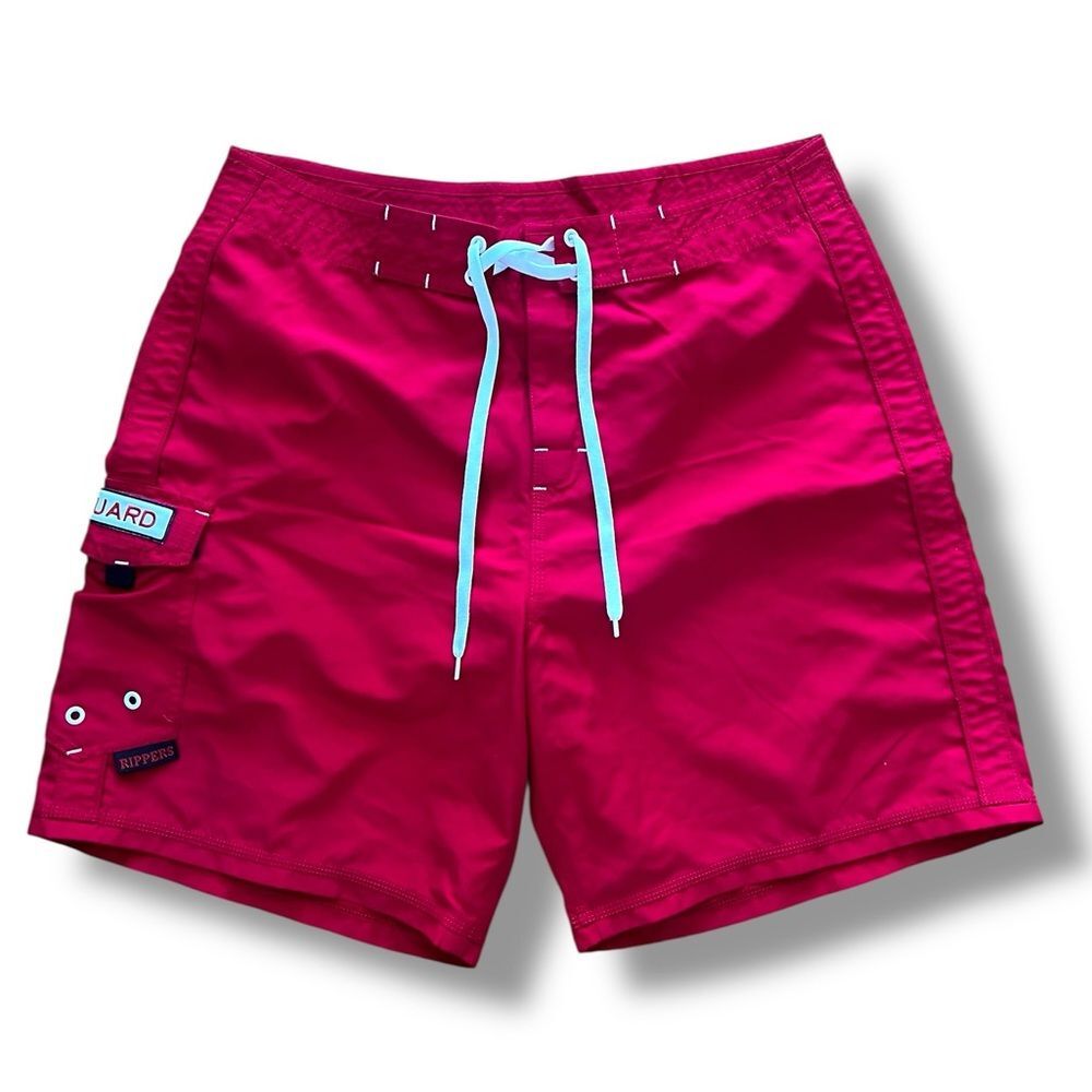 Maui Rippers Men's Red Lifeguard Board Shorts Size 33 Patch Pockets Swim Trunks